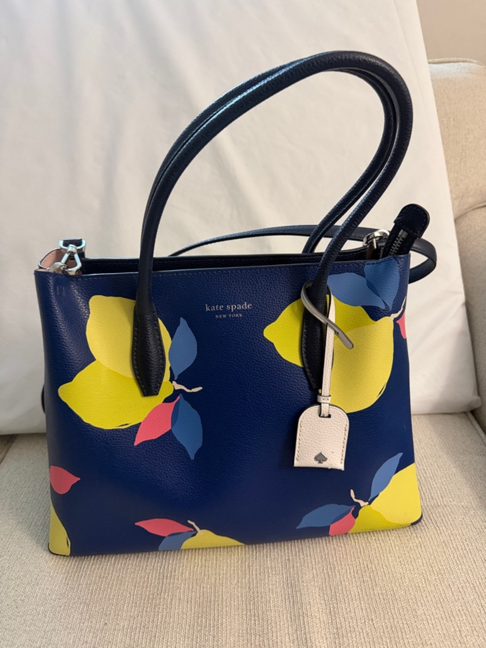 kate spade Navy Floral Lemon Print Leather Tote with Pink & Yellow Accents